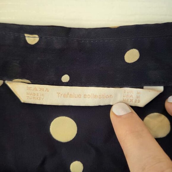 Zara Shirt Dress M Satin Polka Dot Button Down Navy and Cream - Picture 8 of 9